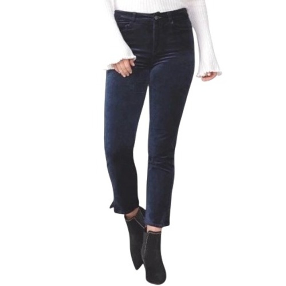 Paige Cindy Deep Navy Velvet Pants‎ High Rise Straight Leg Stretch Party Size 32